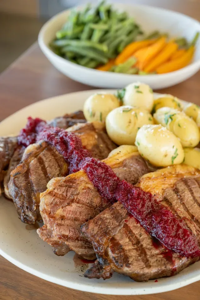 Grilled sirloin steak with beetroot relish, chat potatoes, beans and carrots